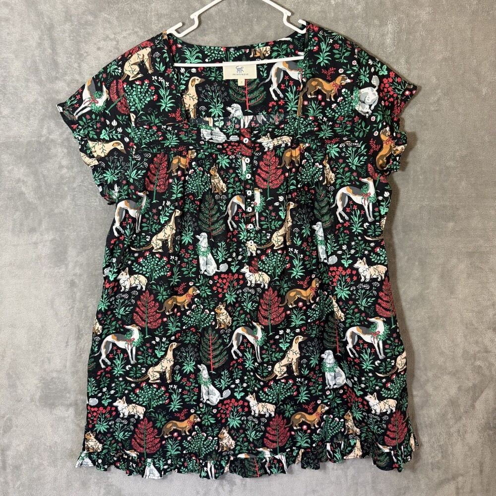 Printfresh Nightgown Womens 1X Black Christmas Dogs Floral Organic Cotton Dress